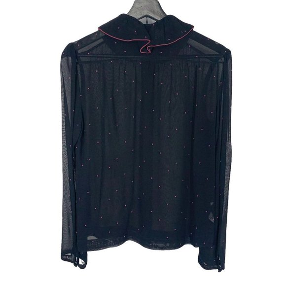 Vintage 90s Black Pink Sheer Micro Dot Long Sleeve Button Up Secretary Top Mediu - Picture 3 of 8